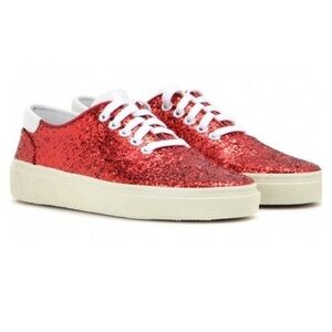 Saint Laurent Skate Red Glitter Sneakers Lace Up Low Top Size 37
